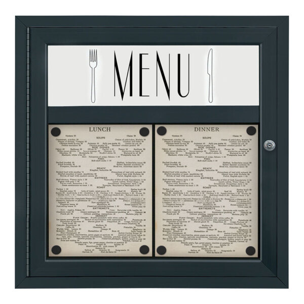 A black United Visual Products menu board with header and a fork and knife.