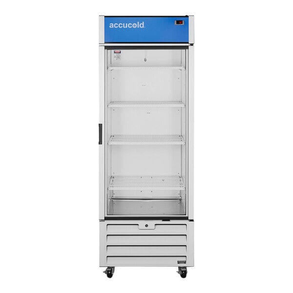 A white Summit medical refrigerator with blue glass doors and shelves on wheels.