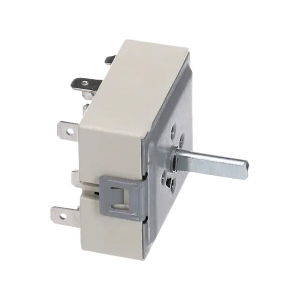 A white and silver rotary switch with a metal screw.