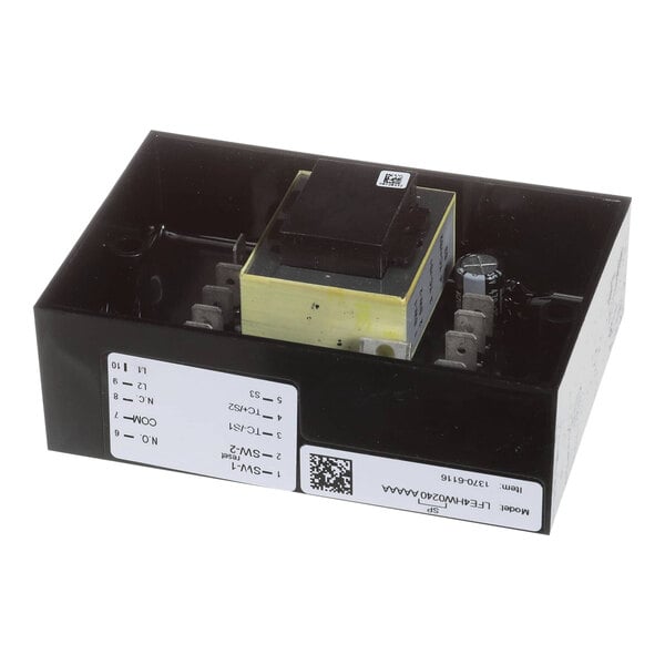 A black box with a yellow and black label.
