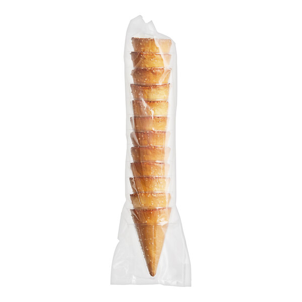 A stack of The Cone Guys pretzel ice cream cones in a plastic bag.
