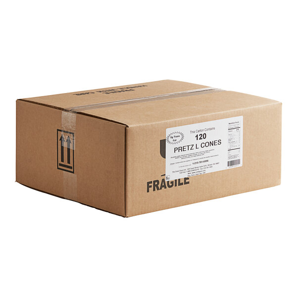 A brown cardboard box with black text that reads "The Cone Guys Pretzel Ice Cream Cone" on it.