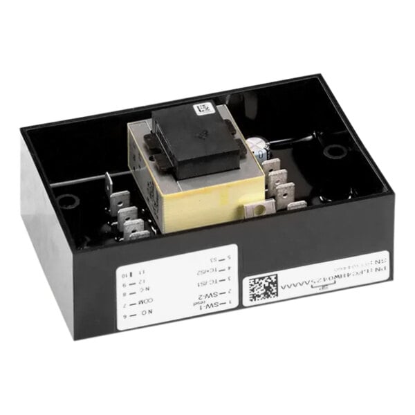 A black rectangular electronic device with a white label.