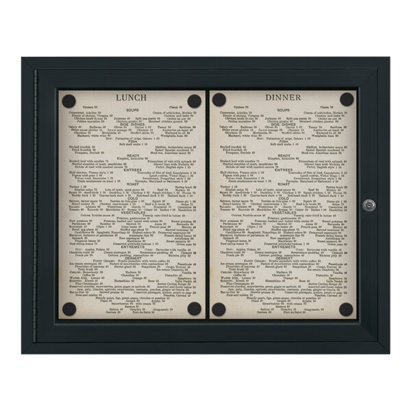 A white menu in a black frame with black text.