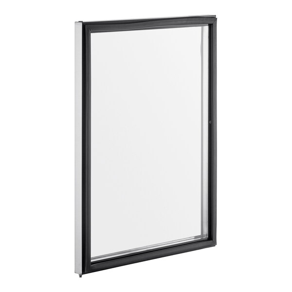 A stainless steel and glass door with a black rectangular window.
