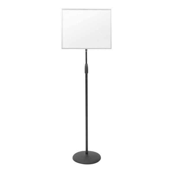 A black pedestal with a metal rod and a white rectangular whiteboard with a black border.