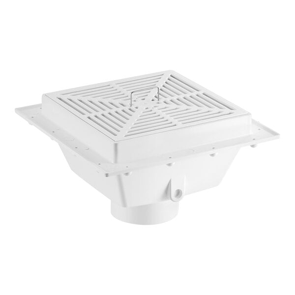 A white Sioux Chief SquareMax PVC floor sink with metal grate.