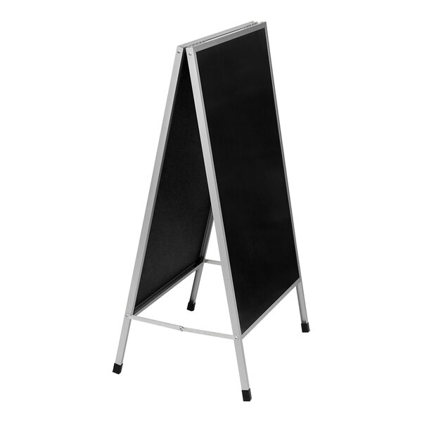 An 18" x 24" black dry erase A-frame sign board with a satin aluminum frame.