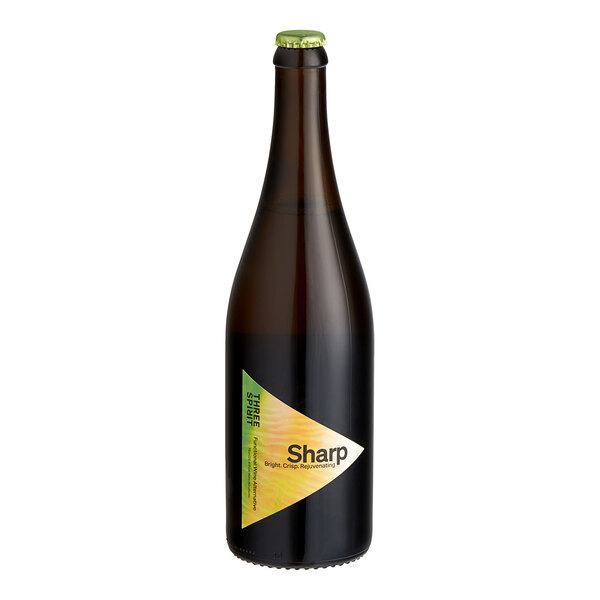 A brown Three Spirit Sharp Non-Alcoholic Wine bottle with a yellow and green label.