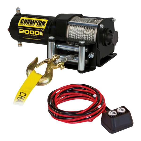 A black Champion winch with a red and black cable attached.