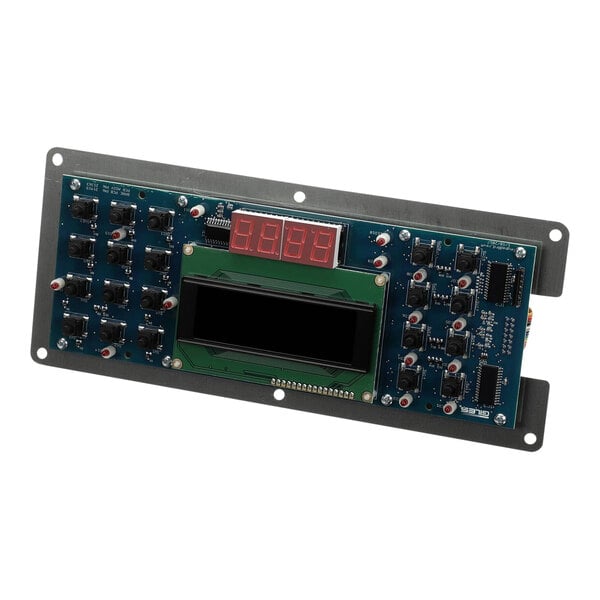 A circuit board with a digital display and buttons.