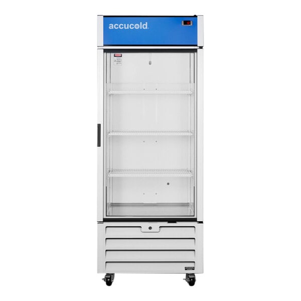 A Summit Accucold medical refrigerator with a white and blue glass door.