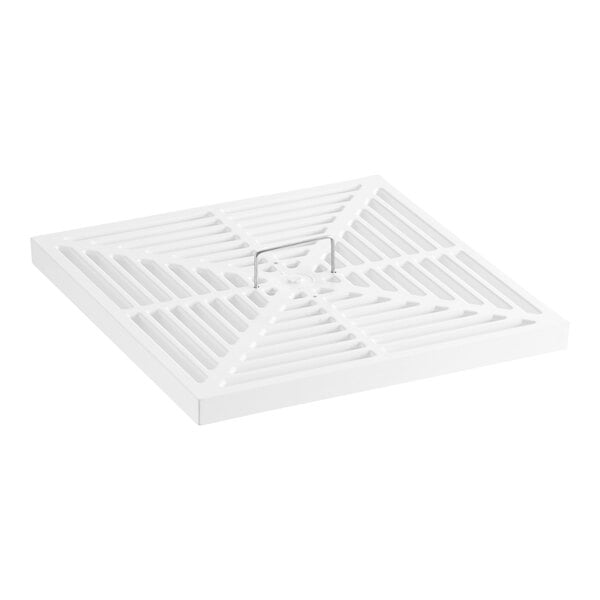 A white square PVC strainer with a metal grid and lift handle.