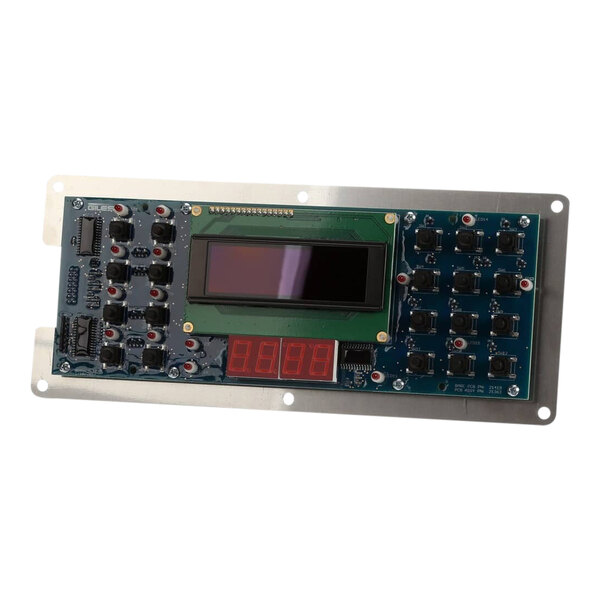 A rectangular circuit board with a black screen and buttons.