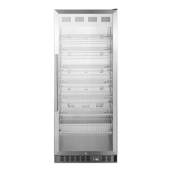 A Summit Appliance stainless steel built-in pharmacy refrigerator with glass doors and shelves.