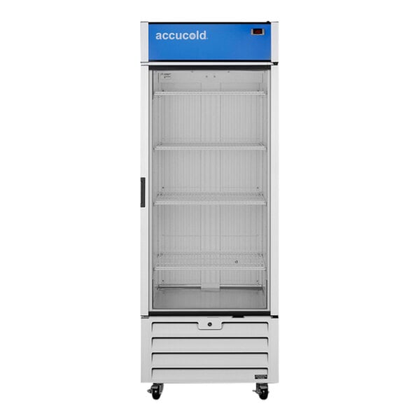 A white Summit Accucold medical freezer with blue glass door shelves.