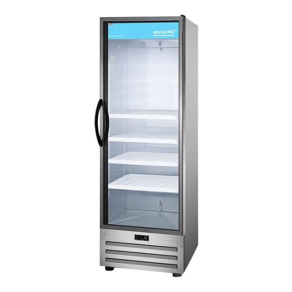 A stainless steel Summit Accucold pharmacy refrigerator with glass doors.