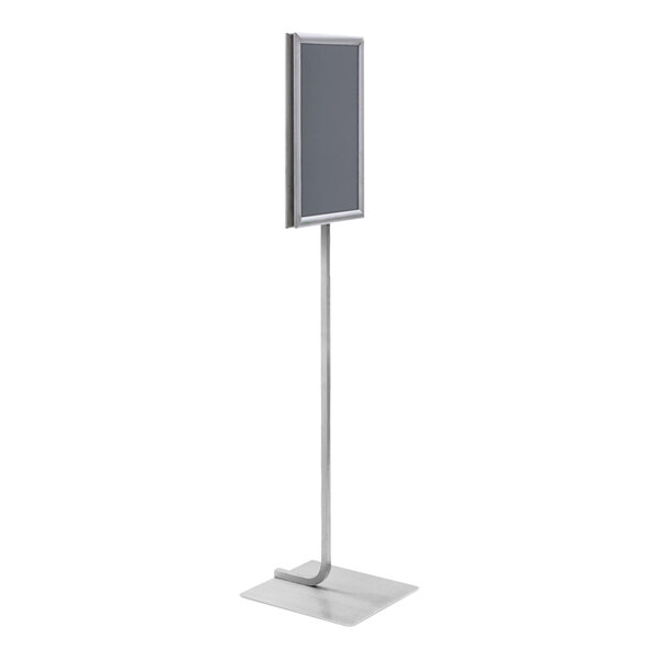 A metal United Visual Products stand with a white rectangular sign in a silver snap frame on a white background.