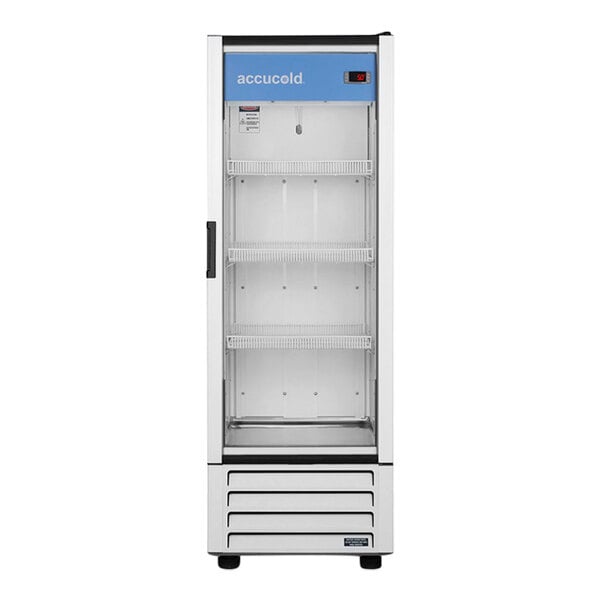 A white Summit Appliance pharmacy refrigerator with a blue panel and shelves.