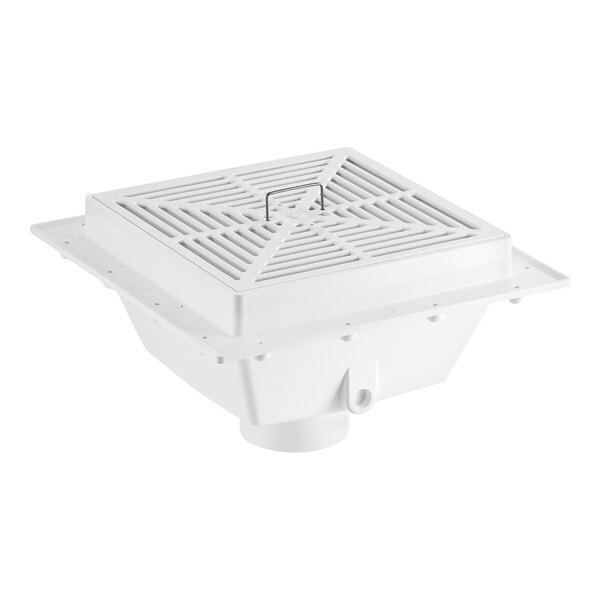 A white square floor drain with a metal grate.