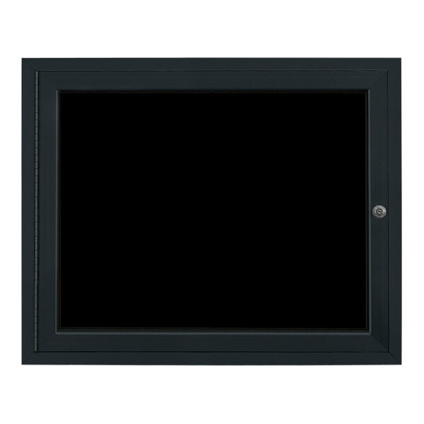 A black rectangular United Visual Products menu board with a black border and a black glass door.