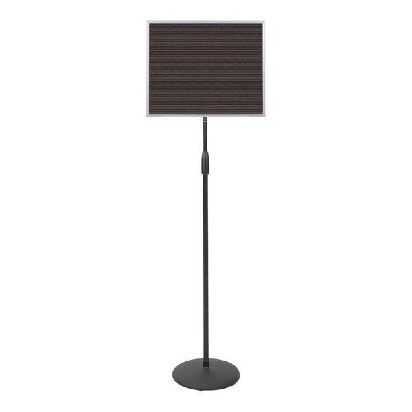 A black rectangular sign on a black adjustable stand.