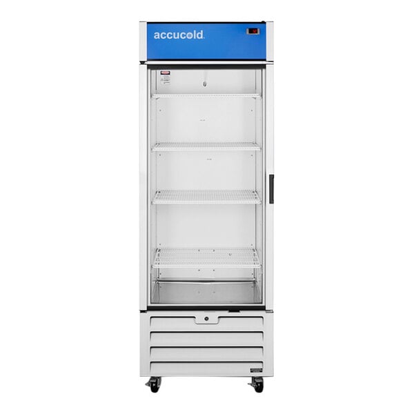 A white Summit medical refrigerator with a blue glass door.