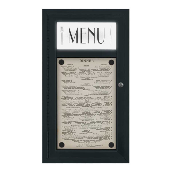 A black United Visual Products menu board with a sign and white writing.