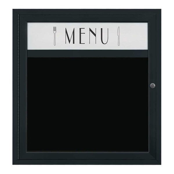 A black sign with white text and a fork and knife on it.