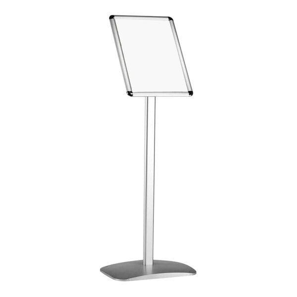 A silver swivel menu stand with a white sign in a black border.