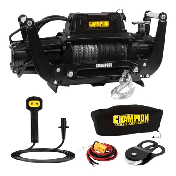 A black Champion winch with synthetic rope.