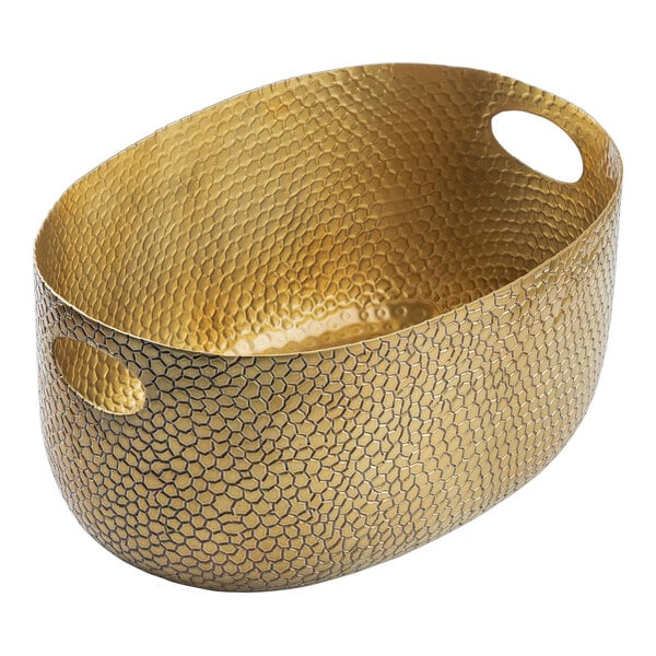 A gold oval aluminum beverage tub with handles.