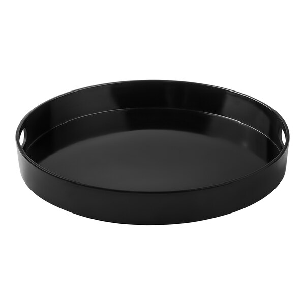 A Tablecraft black round tray with handles.