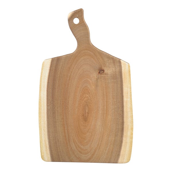 A Tablecraft rectangular acacia wood serving board with a curved handle.