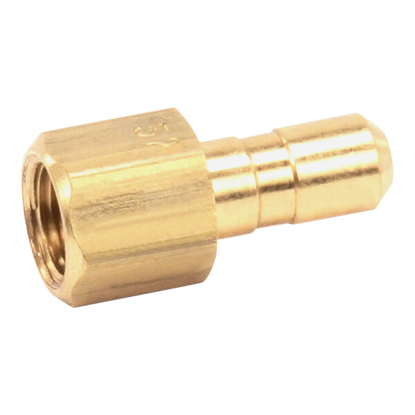 A close-up of a gold metal Pitco #52 natural gas pilot orifice with a brass nut.