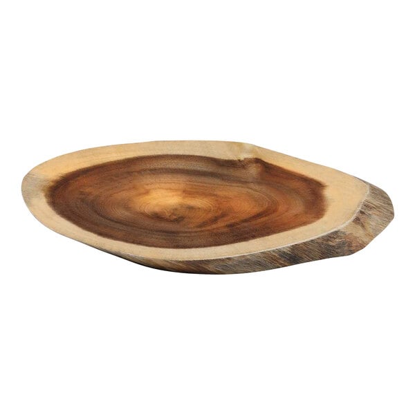 A Tablecraft Acacia Collection oval wooden serving board with a live edge.