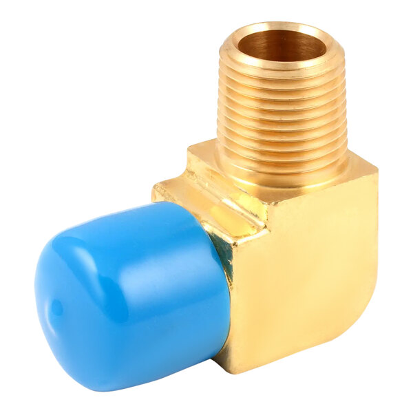 A brass Pitco male elbow flare fitting with blue and gold connectors.