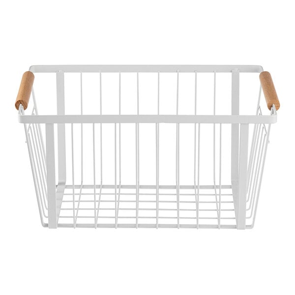 A white powder-coated steel wire basket with wooden handles.