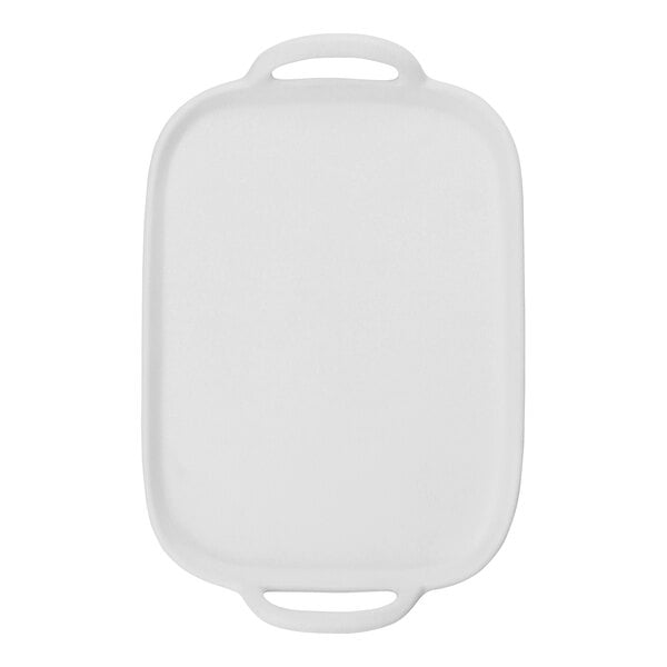 A white rectangular Tablecraft melamine serving tray with handles.