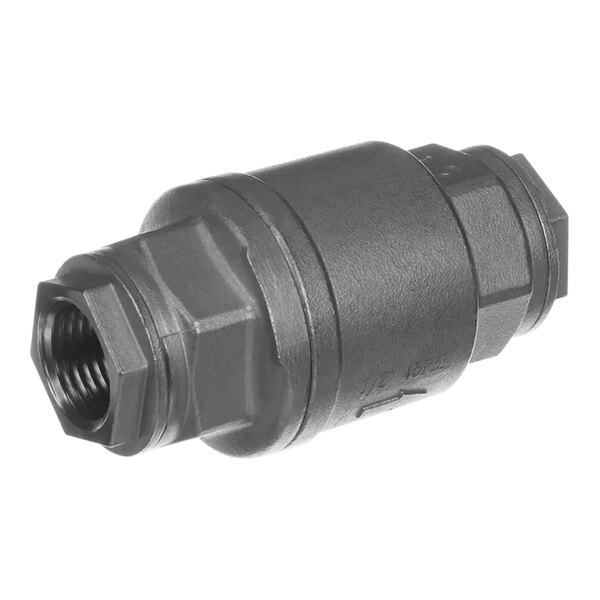 A black metal Pitco 1/2" NPT check valve with a hexagon shaped nut.