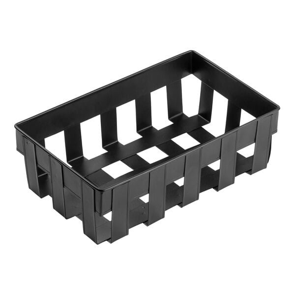 A black steel rectangular basket with holes.