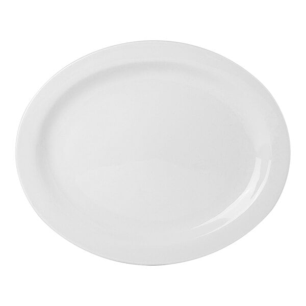 A white Tuxton porcelain oval platter with a narrow rim.