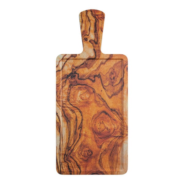 A Tablecraft rectangular faux olive wood melamine serving paddle with a handle.