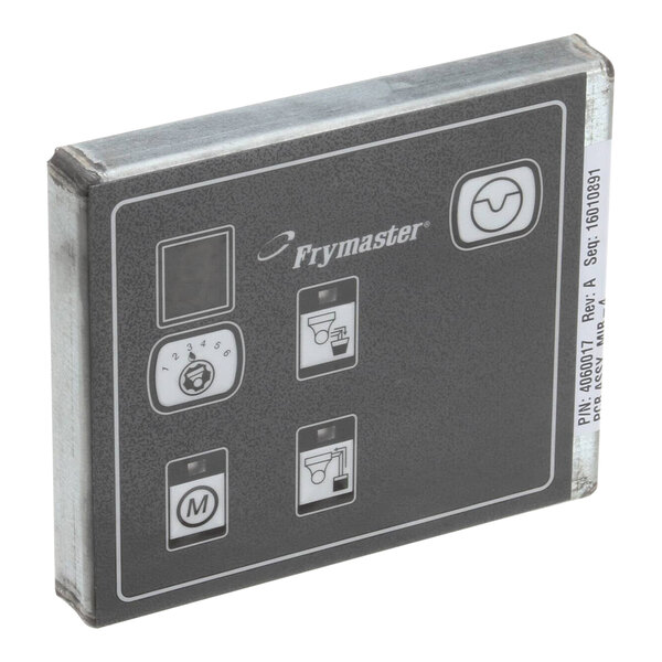 A rectangular black Frymaster controller with white text and a button.