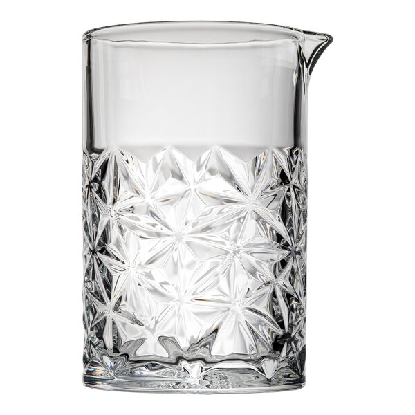 A Tablecraft clear glass stirring glass with a diamond pattern.