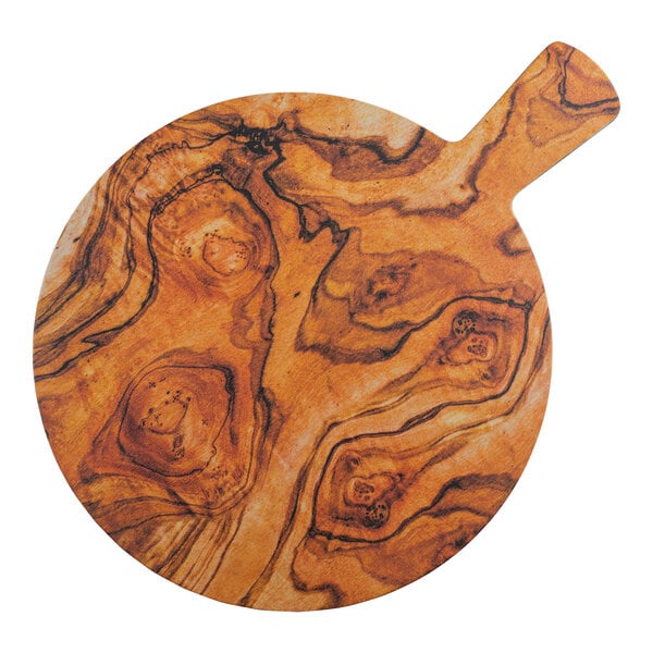A Tablecraft round faux olive wood melamine serving paddle with a wood design.