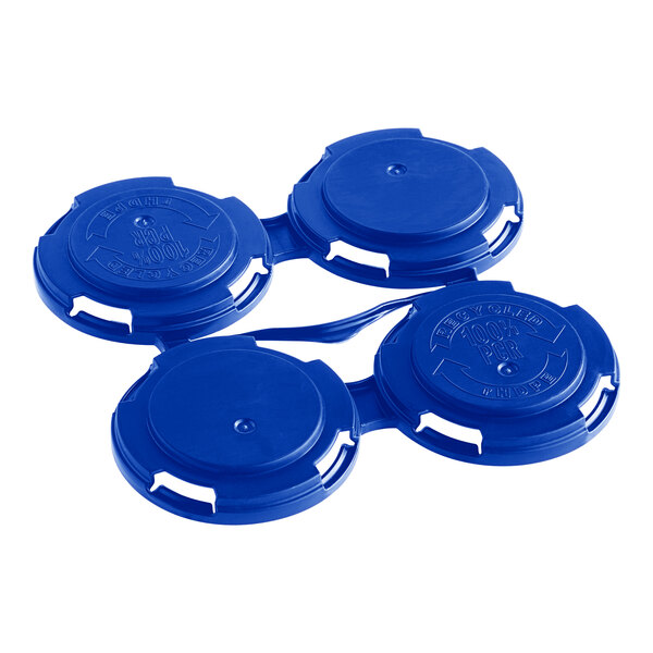 A blue plastic PakTech Ultra 4-pack can carrier with three lids on top of four circles.