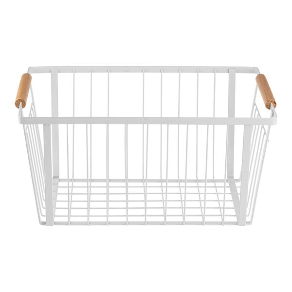 A white powder-coated wire basket with wooden handles.