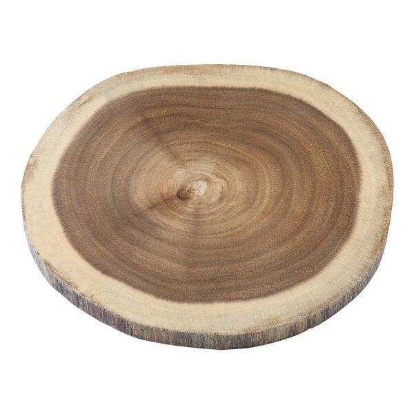 A Tablecraft round live edge acacia wood serving board with a ring