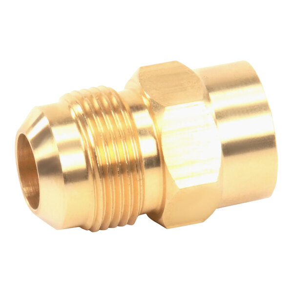 A Pitco brass flare adapter fitting with gold metal threading.